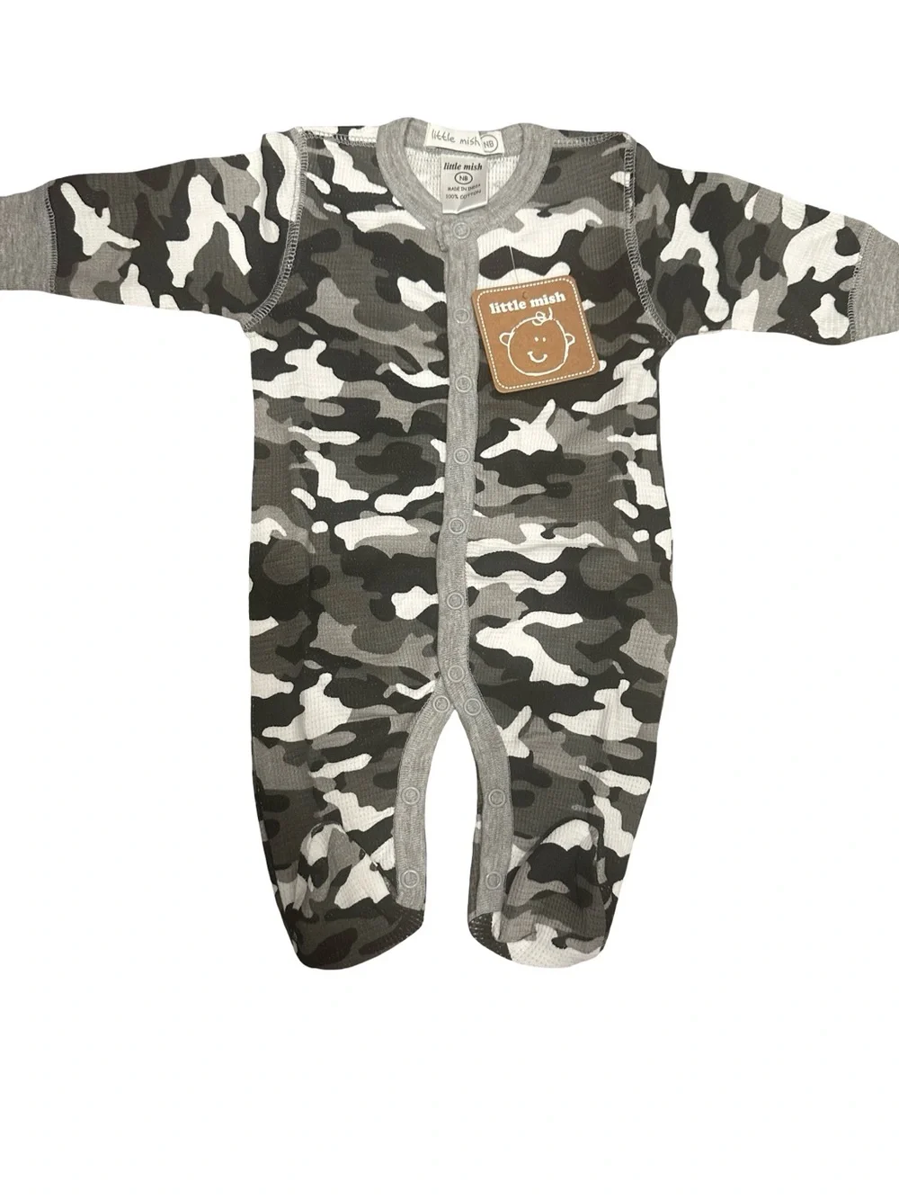 NWT Little Mish Gray Camo Newborn Baby One-Piece Footed Romper